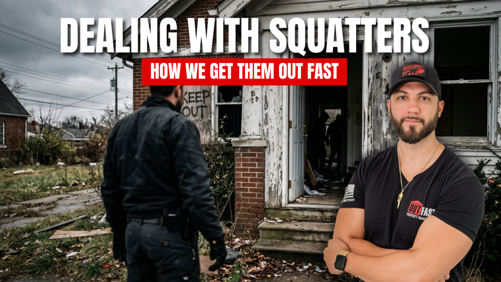 Thumbnail for a video: man in a black shirt stands outside a dilapidated house with the bold title 'DEALING WITH SQUATTERS' and red subtitle 'HOW WE GET THEM OUT FAST'.