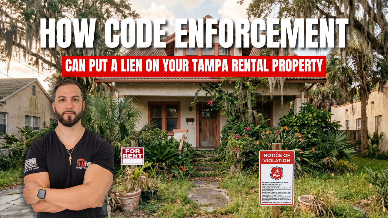 Man in a black shirt with folded arms in front of a run down rental house with For Rent and Notice of Violation signs bold banner about code enforcement