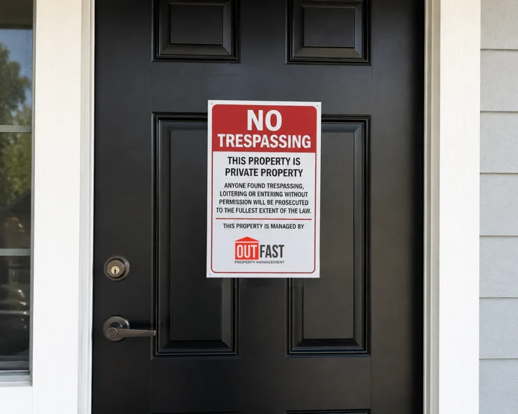 No Trespassing sign on a black paneled front door with white trim