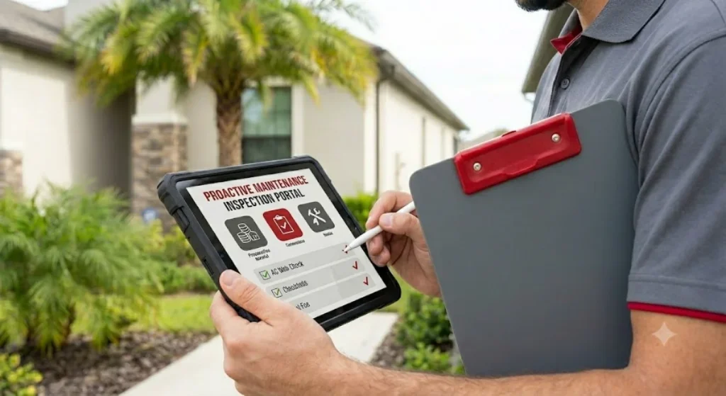 proactivemaintenanceinspectiontablettechnician | Out Fast Property Management Technician outdoors in a residential yard using a tablet that shows a Proactive Maintenance Inspection Portal screen while holding a clipboard and pen