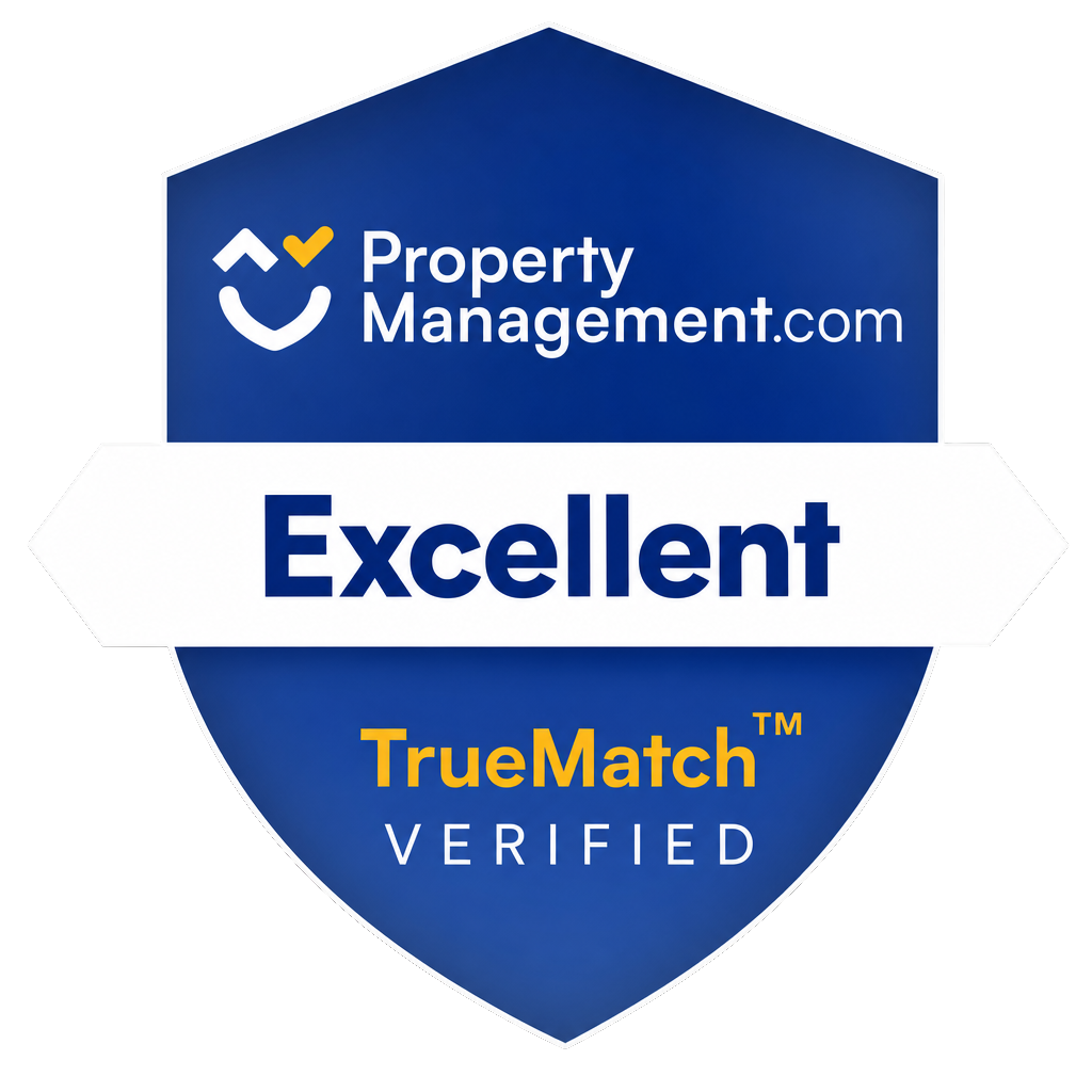 Shield badge for PropertyManagementcom showing an Excellent rating and TrueMatch Verified