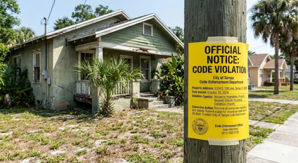 A yellow code violation notice from the City of Tampa is posted on a utility pole in front of a neglected green house.