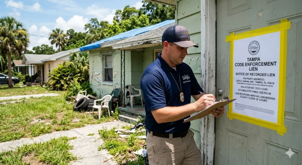 A Tampa code enforcement officer writing on a clipboard next to a notice of lien posted on a house door.