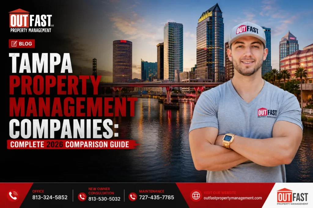 A professional from Out Fast Property Management standing in front of the Tampa skyline for a 2024 comparison guide blog post.