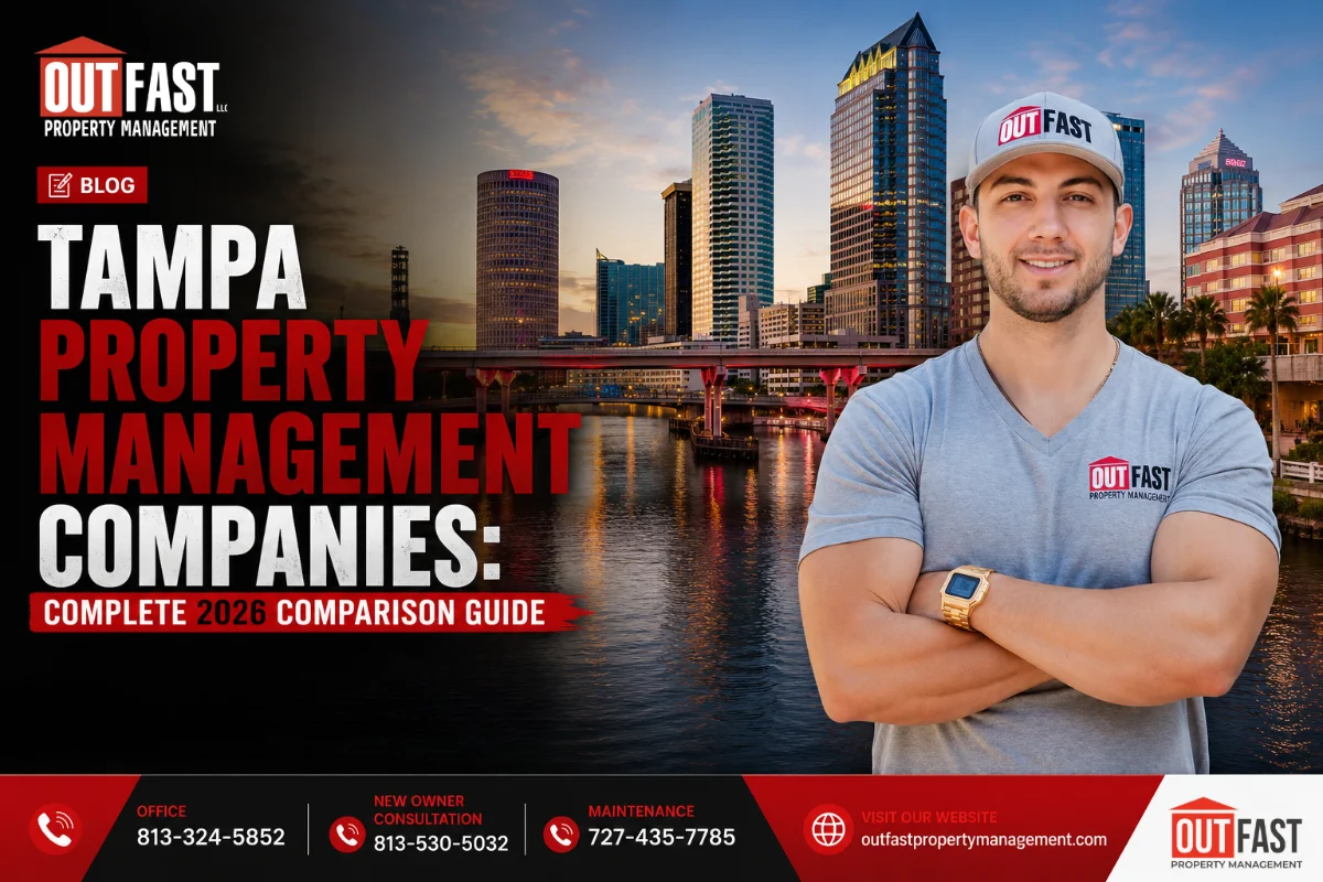 A professional from Out Fast Property Management standing in front of the Tampa skyline for a 2024 comparison guide blog post