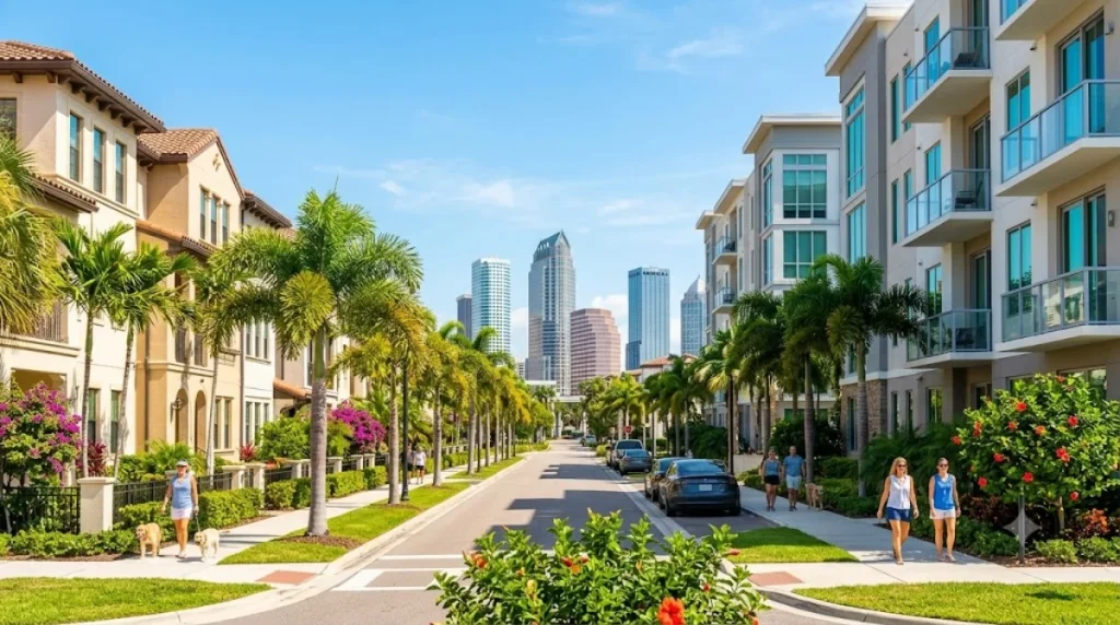 tamparesidentialstreetskyline | Out Fast Property Management People walking on a palm tree lined street in Tampa Florida with the city skyline in the distance Representing the community of Tampa property management companies