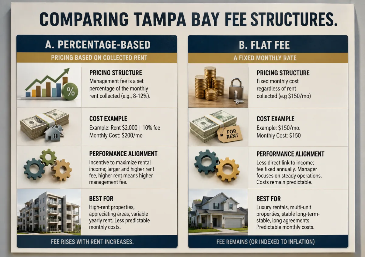 Comparing Percentage of Rent vs Flat Fee Property Management Pricing Infographic