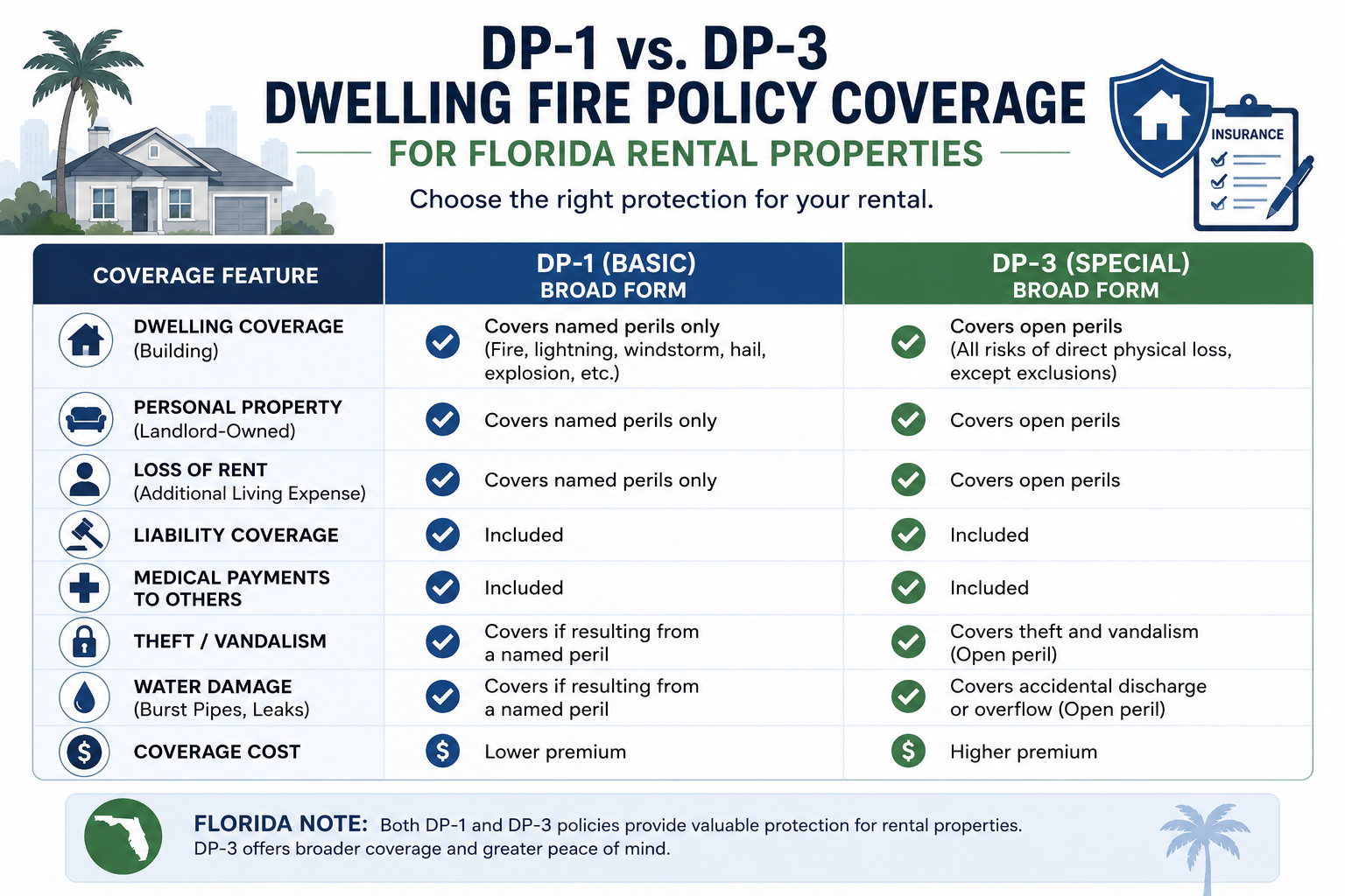 Comparison of DP-1 and DP-3 dwelling fire policy coverage for Florida rentals