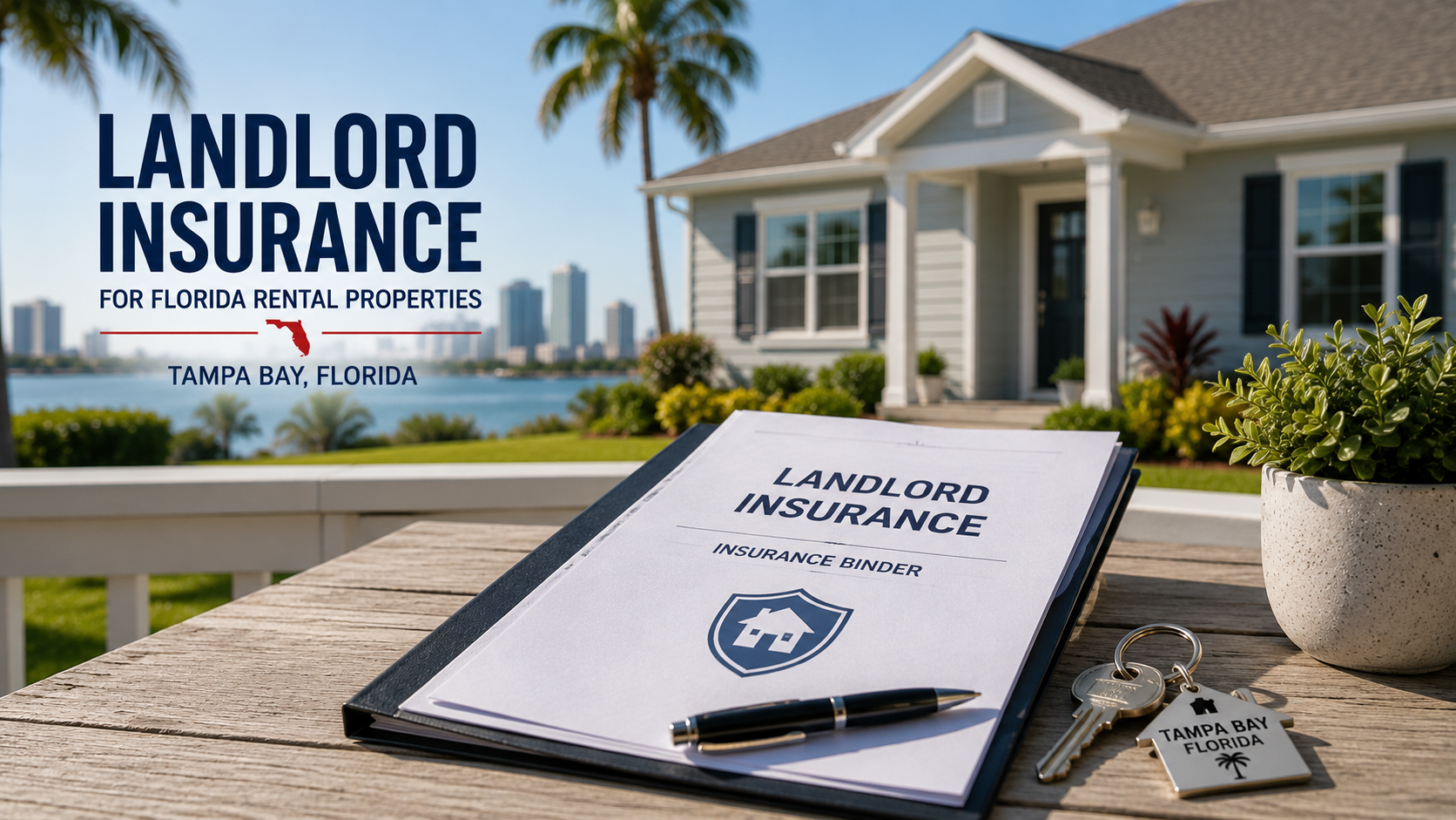 Landlord insurance binder and house keys on a porch table outside a Tampa Bay Florida single family rental home