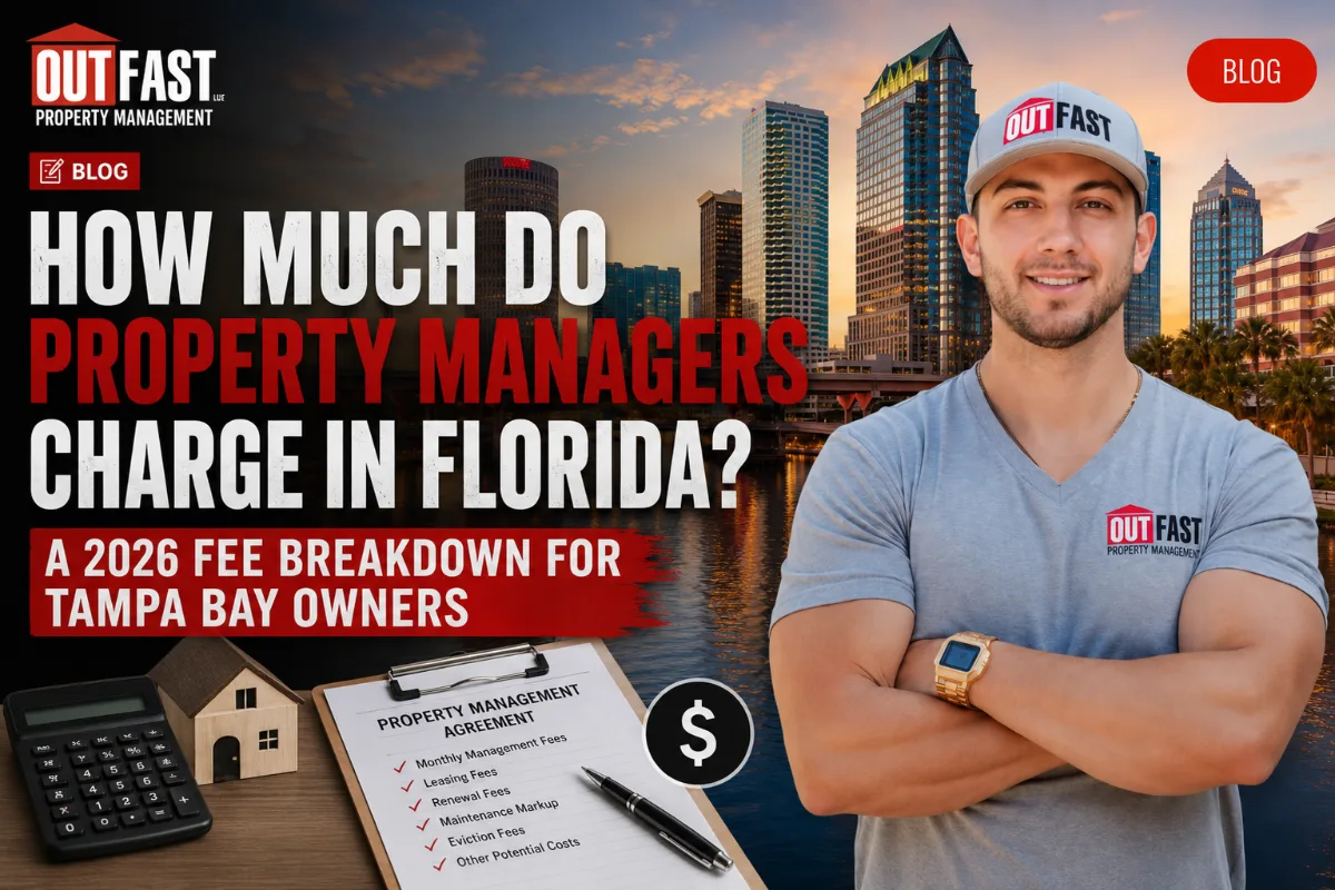 A professional man in an Out Fast Property Management shirt standing before a Tampa Bay skyline with a blog title overlay regarding Florida property management fees
