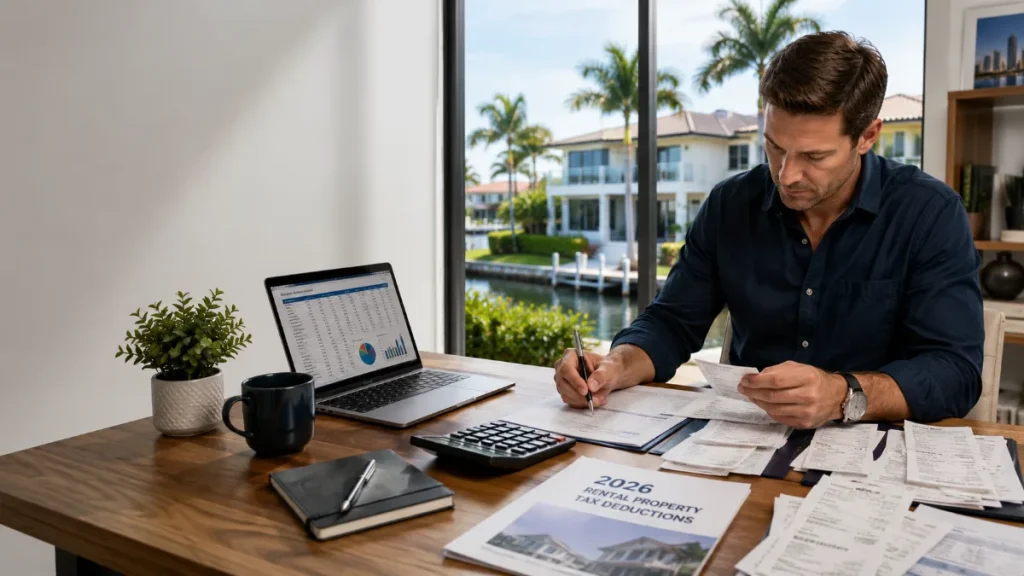 Tampa Bay landlord organizing rental property tax deduction receipts, financial records, and tax documents for a 2026 Schedule E filing.