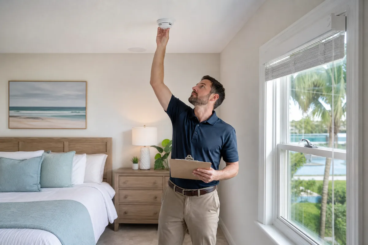 A housing authority inspector checking a smoke detector and window latch inside a Tampa Bay rental