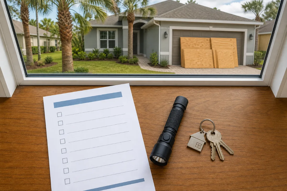 A landlord checklist beside a Tampa Bay rental home with plywood staged against a garage and trimmed palms
