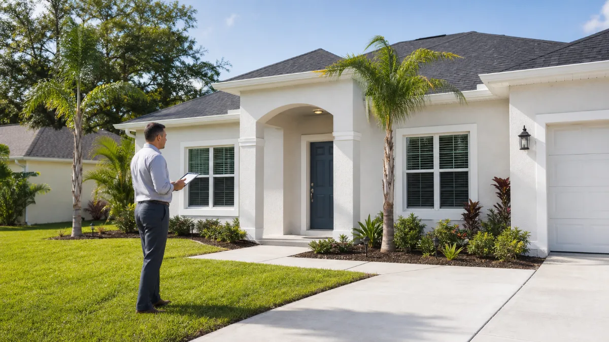 Housing official evaluating a modern white house with a tablet for Section 8 program eligibility in Tampa Florida