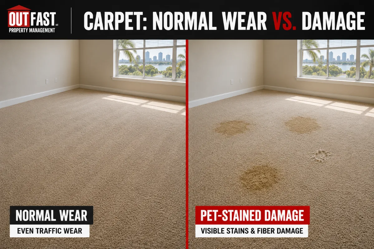 Side-by-side photo comparison of normal carpet wear versus a pet-stained carpet in a rental