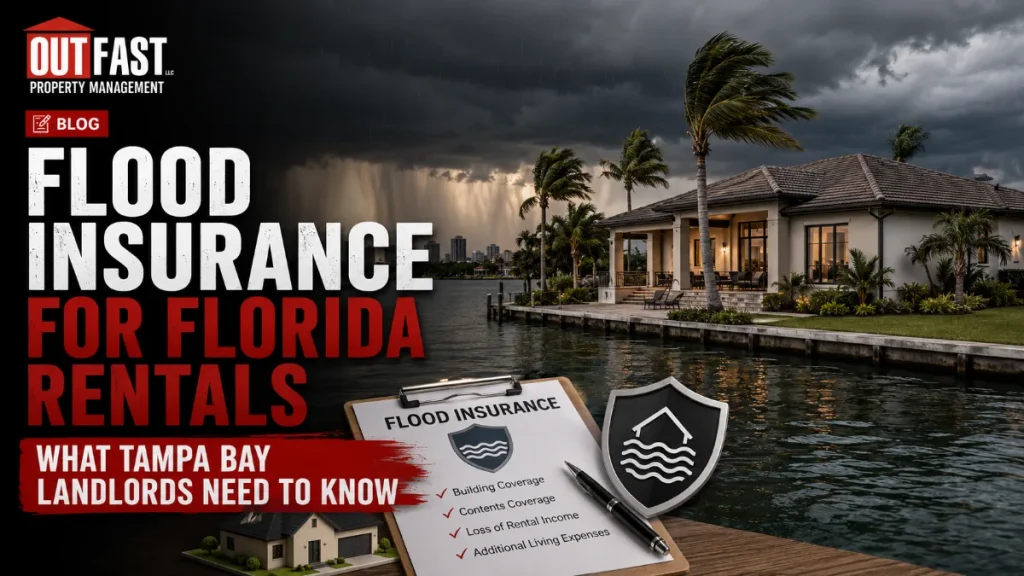 A luxurious waterfront home in Florida under a stormy sky with heavy rain, next to a clipboard detailing 'Flood Insurance' coverages like building, contents, and loss of rental income, with a shield icon and a miniature house model, for a blog post titled 'Flood Insurance for Florida Rentals: What Tampa Bay Landlords Need to Know'.