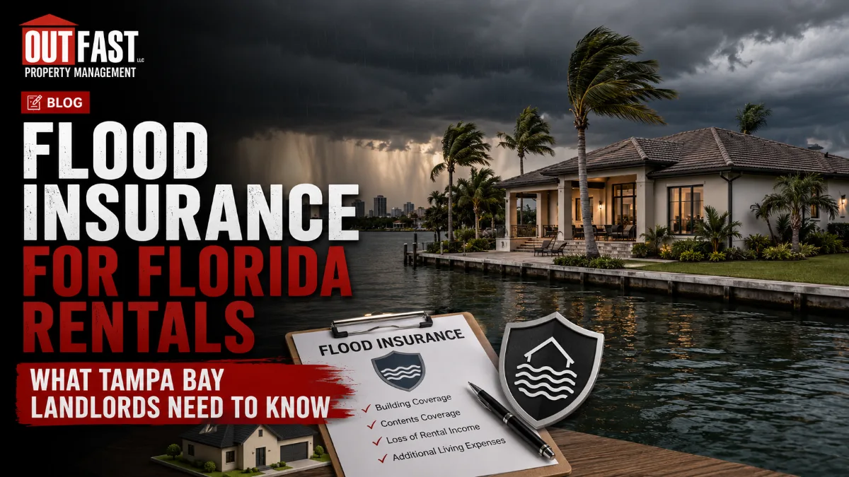 A luxurious waterfront home in Florida under a stormy sky with heavy rain next to a clipboard detailing Flood Insurance coverages like building contents and loss of rental income with a shield icon and a miniature house model for a blog post titled Flood Insurance for Florida Rentals What Tampa Bay Landlords Need to Know