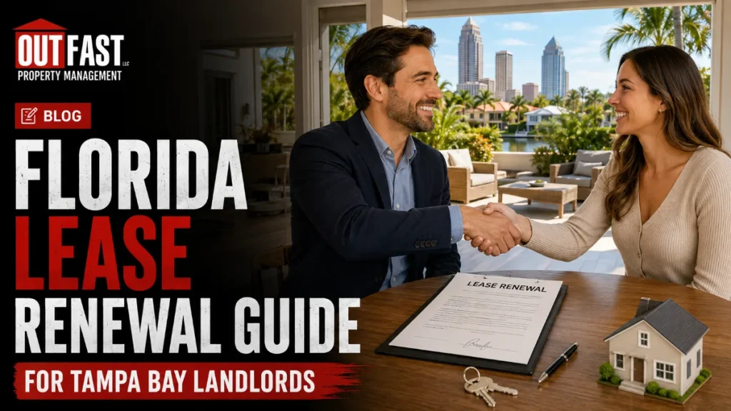 Man and woman shaking hands over a lease renewal document and model house on a patio with a Florida waterfront city view, representing a guide for Tampa Bay landlords.
