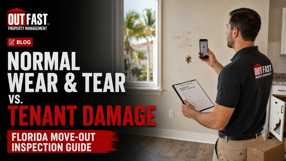 A property manager from Out Fast Property Management inspects a Florida rental photographing a wall with holes and a broken kitchen cabinet during a move out inspection to differentiate between normal wear and tear and tenant damage