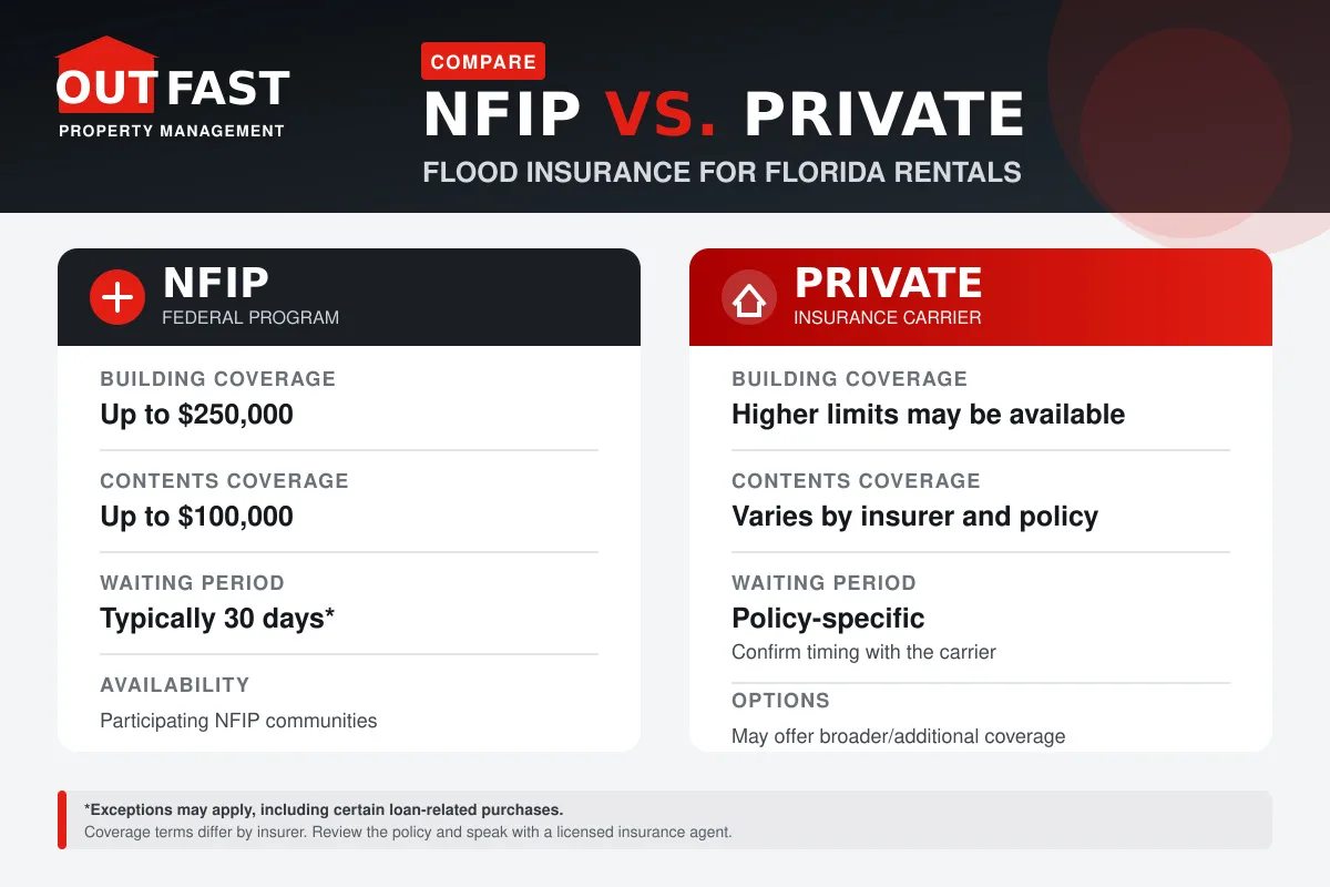 Side-by-side comparison graphic of NFIP versus private flood insurance coverage limits and waiting periods