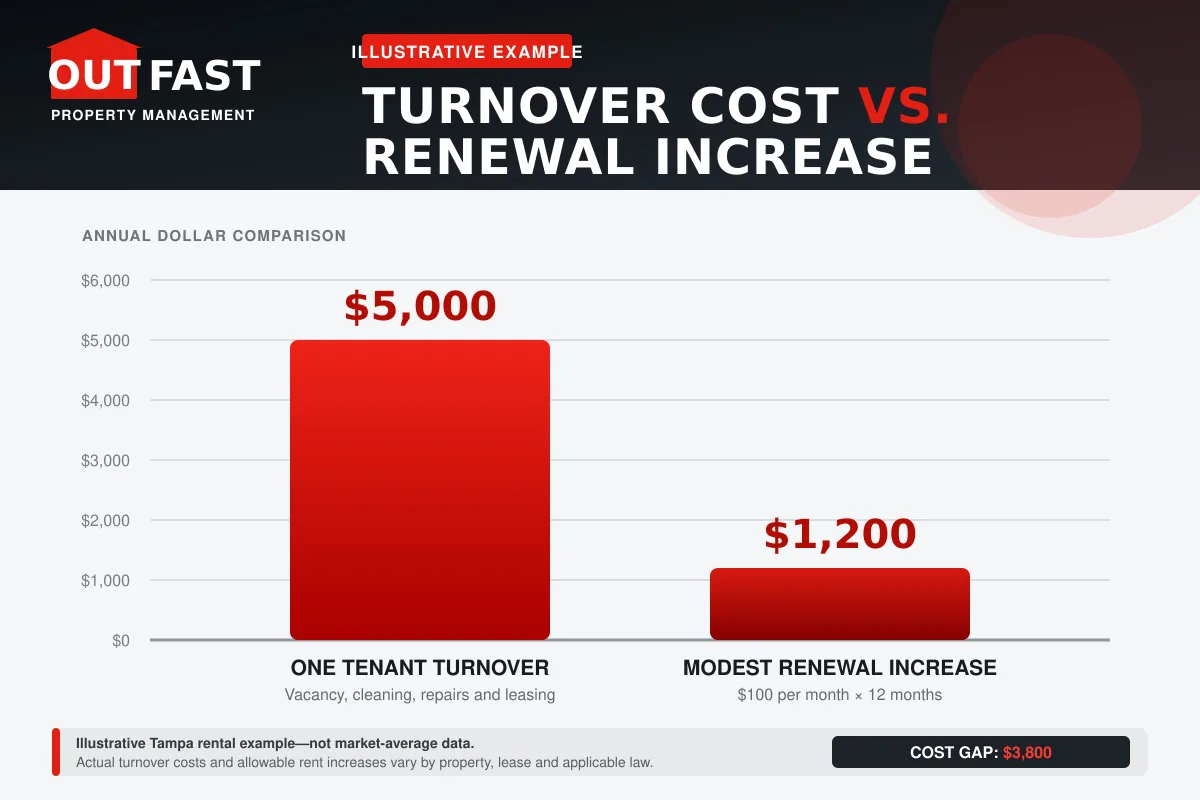 Chart showing cost of one turnover versus a modest renewal rent increase for a Tampa rental