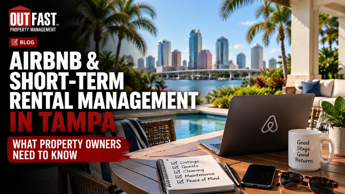 Outdoor scene with laptop coffee and checklist featuring text Airbnb  Short Term Rental Management in Tampa What Property Owners Need to Know City skyline in background