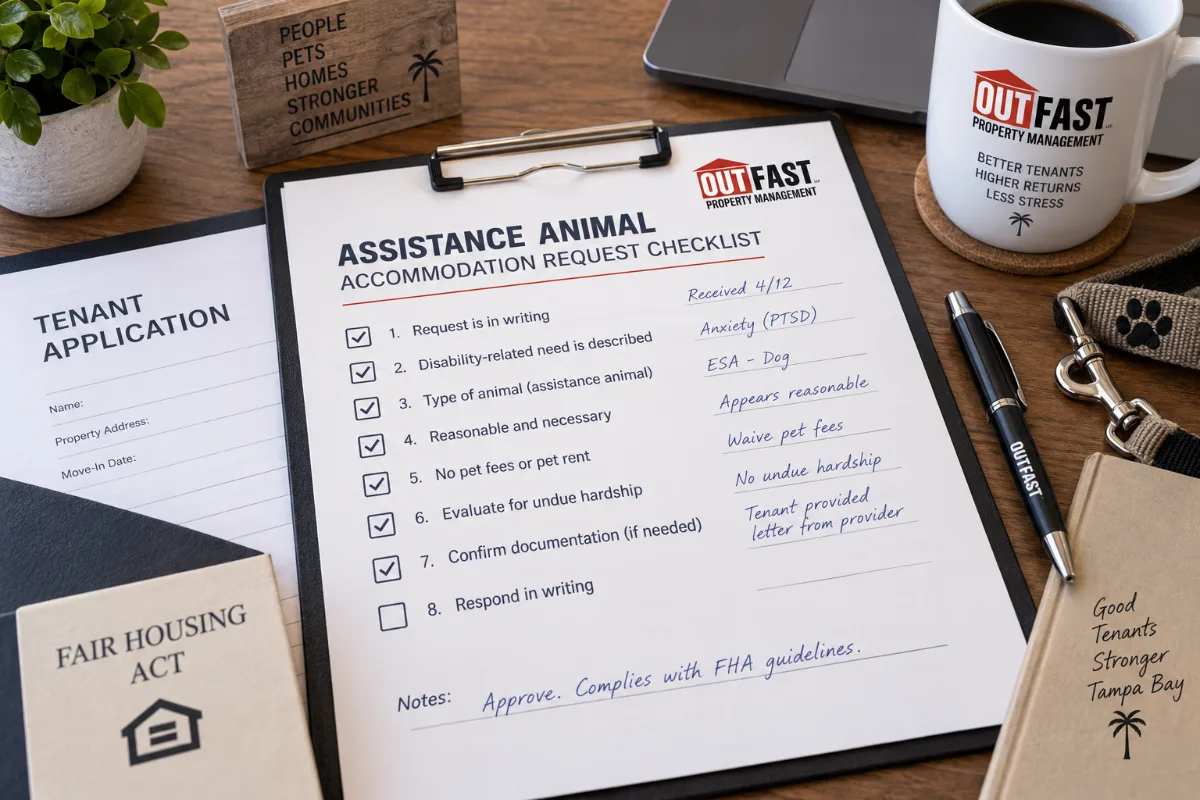 Checklist document for evaluating an assistance animal accommodation request on a desk with a pen