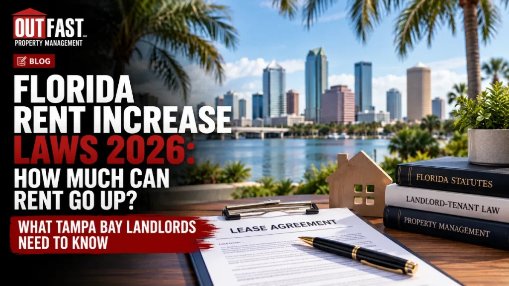 Blog cover showing a lease agreement on a desk with a pen, a tiny house model, law books, and a Miami skyline for Florida rent laws 2026 (informative).