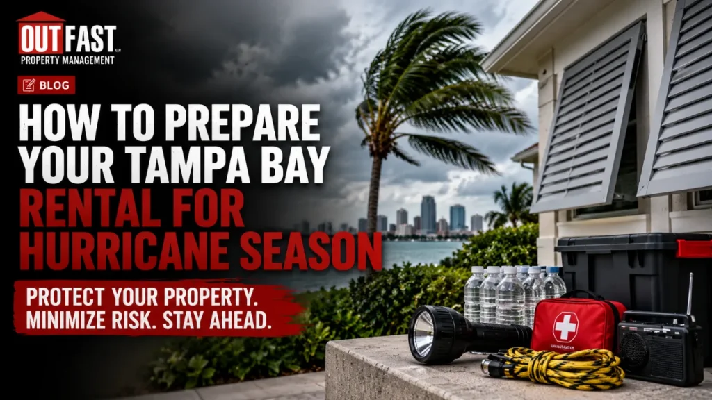 Hurricane prep items: flashlight, water, first-aid kit, and radio on a concrete surface in front of a Tampa Bay rental with storm shutters and a stormy sky.