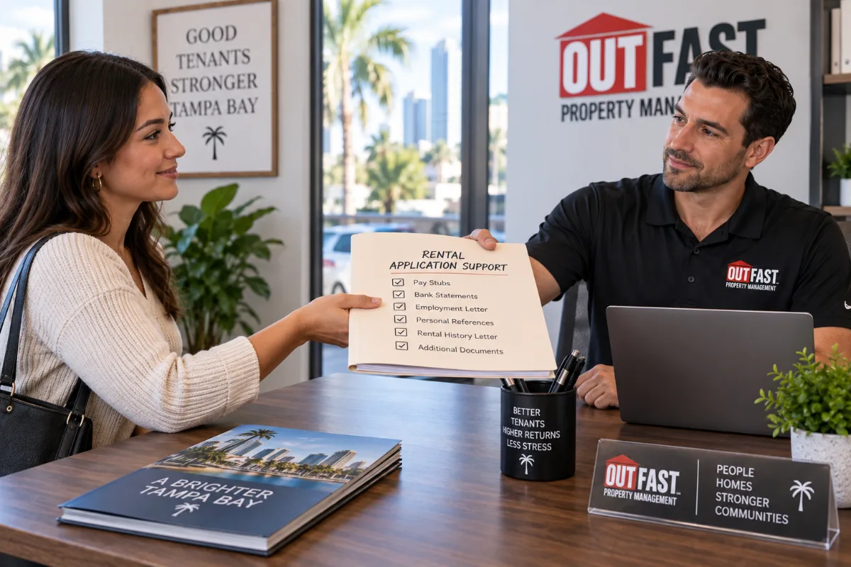 Renter handing a folder of pay stubs and reference letters to a property manager across a leasing office desk