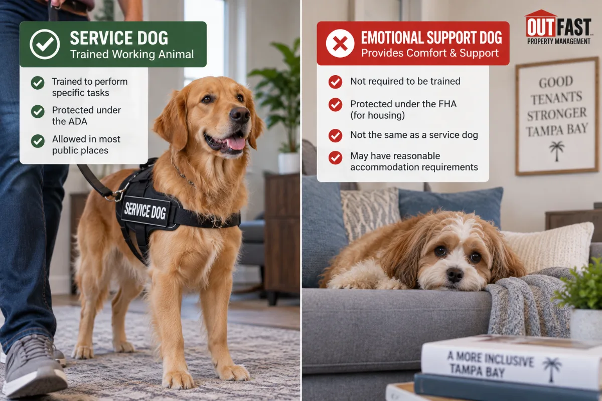 Visual guide differentiating service dogs working golden retriever and emotional support dogs comfort dog on sofa with key characteristics