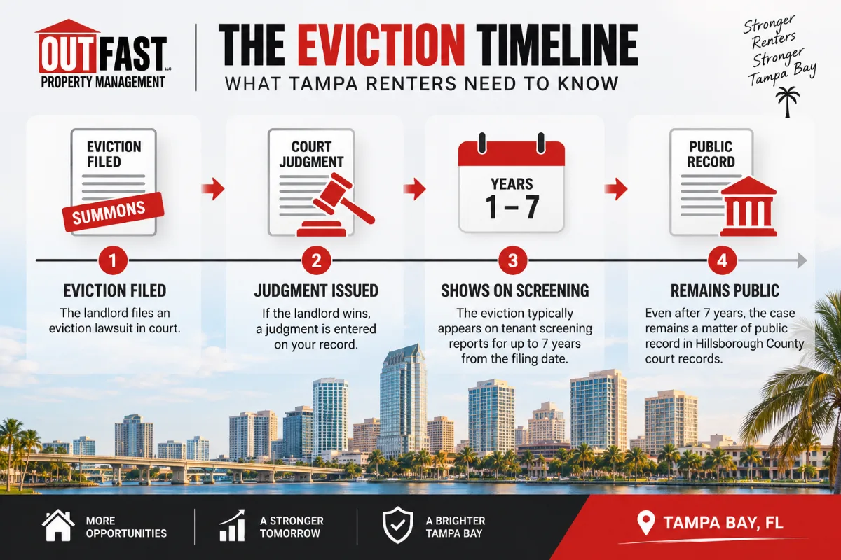 Timeline graphic showing an eviction filing, judgment, seven-year screening window, and the permanent public court record