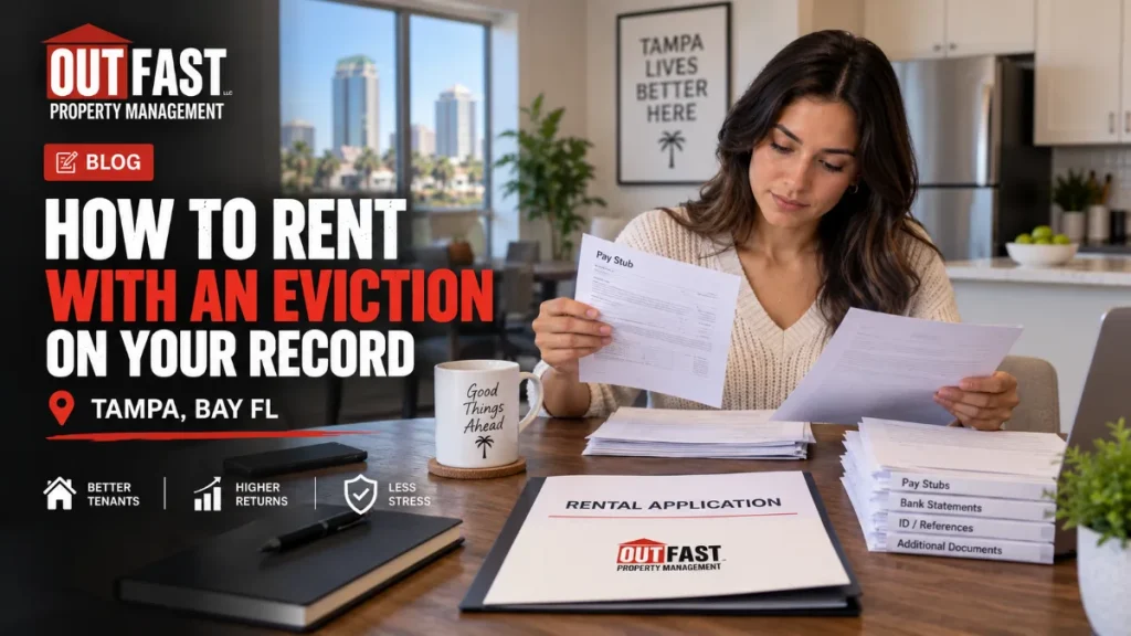 Woman reviewing rental application documents and pay stubs, with 'How to Rent with an Eviction on Your Record' title for Out Fast Property Management in Tampa, FL.