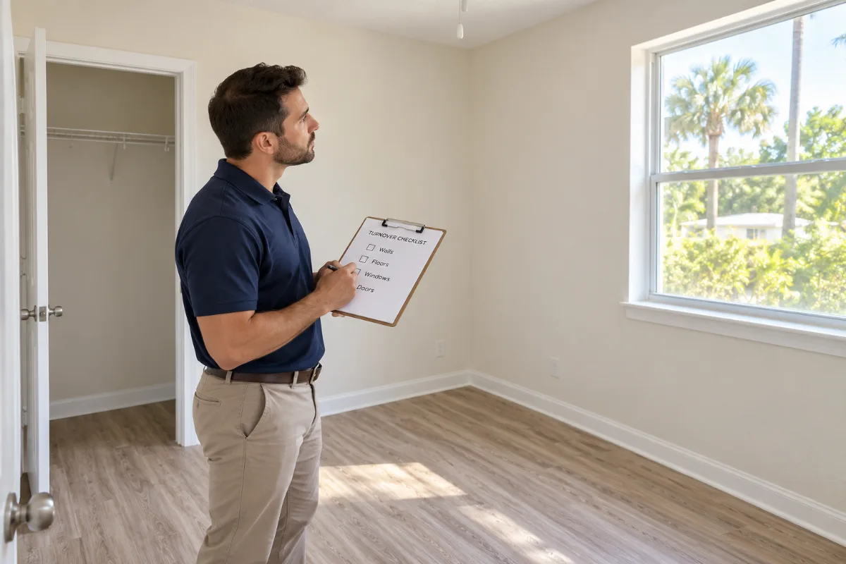 Property manager inspecting an empty student rental bedroom with a checklist during summer turnover near USF