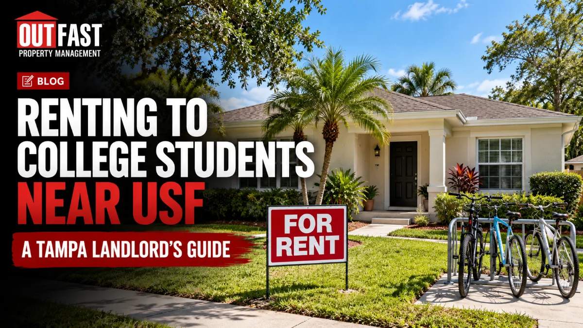 White house with FOR RENT sign bikes palm trees and blog title Renting to College Students Near USF   A Tampa Landlords Guide