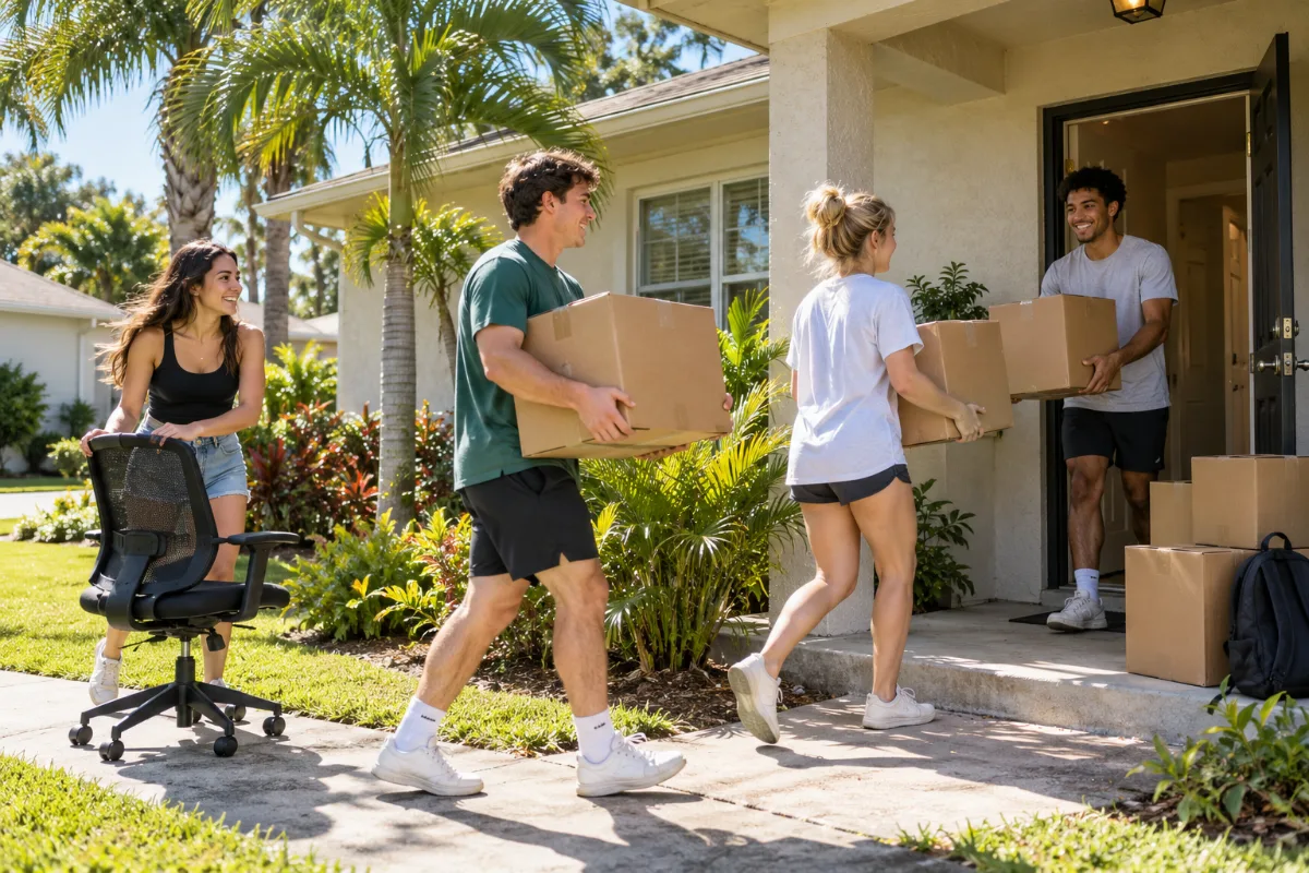Group of college students moving boxes into a rental house near the USF campus during August move-in week