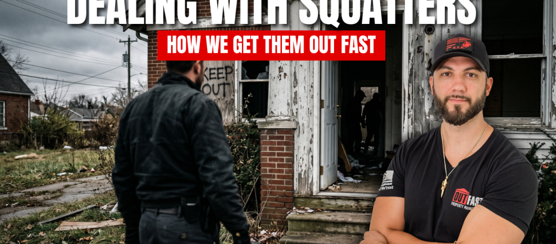 Thumbnail for a video: man in a black shirt stands outside a dilapidated house with the bold title 'DEALING WITH SQUATTERS' and red subtitle 'HOW WE GET THEM OUT FAST'.