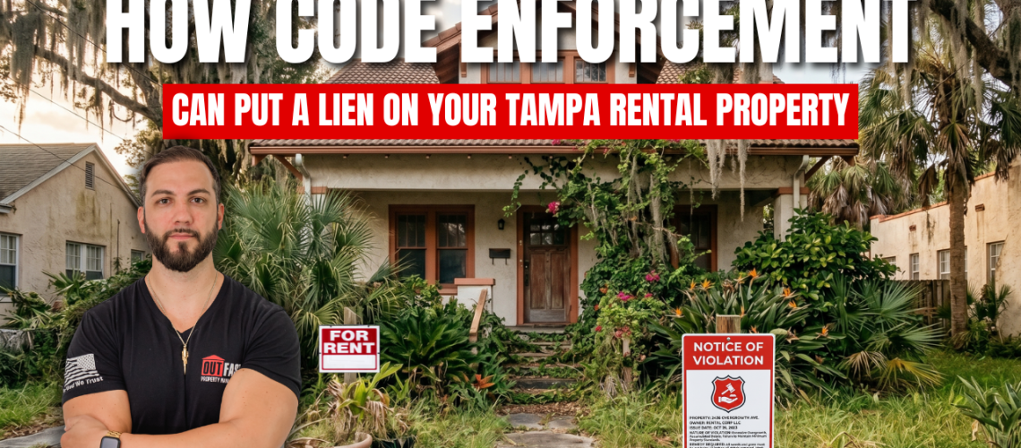 Man in a black shirt with folded arms in front of a run-down rental house with 'For Rent' and 'Notice of Violation' signs; bold banner about code enforcement.
